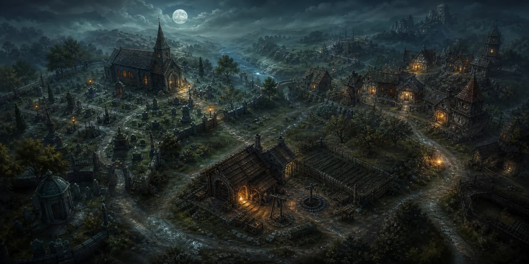 A moonlit overview of a graveyard, workshop, town and surrounding valley